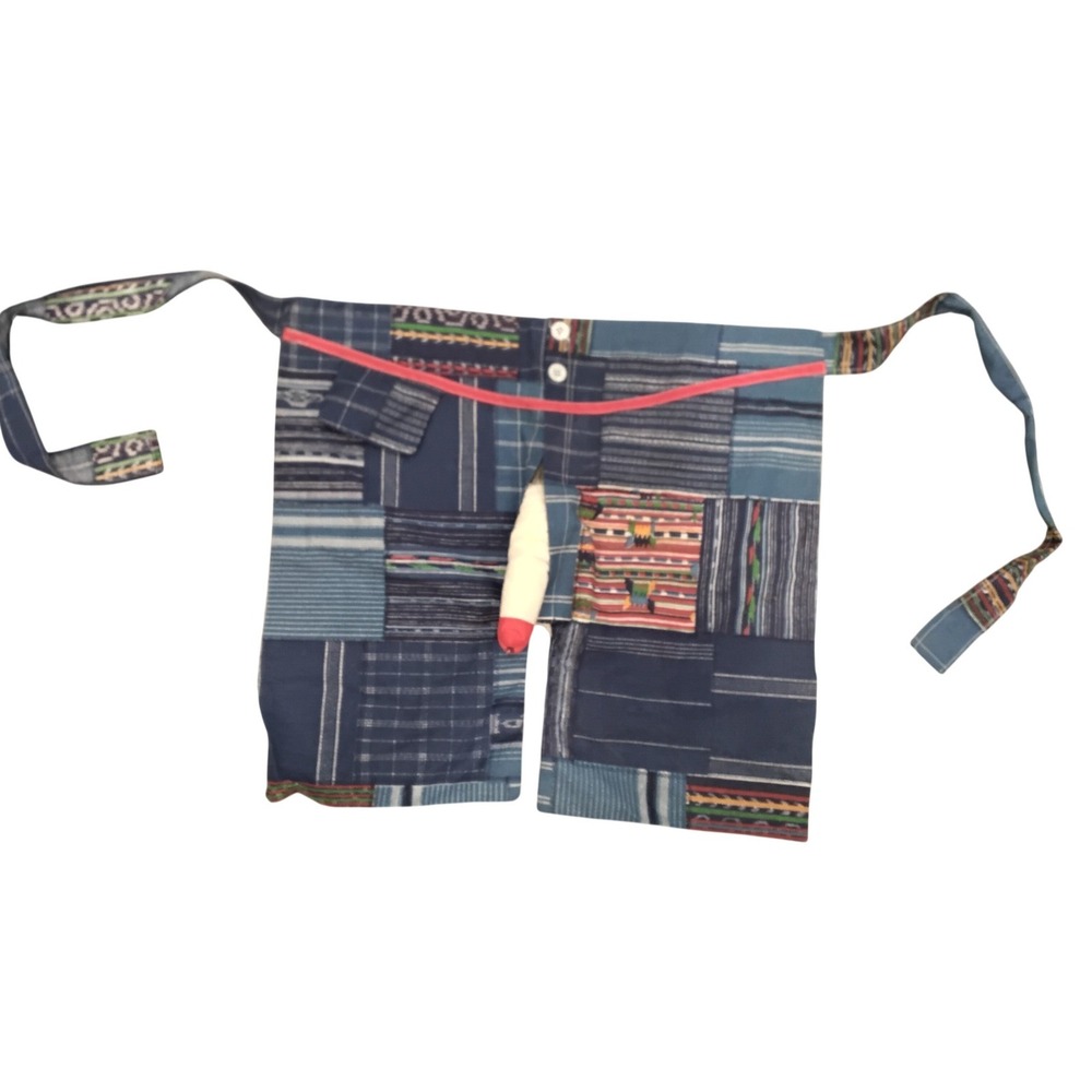 Artisanal Indigo Patchwork Split Leg Half Apron Blue Multi Woven Tie Waist